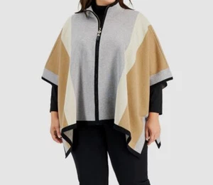 Anne Klein Women Brown Gray Colorblocked Zip-Front Cape Sweater Plus Size 1X/0X - Picture 1 of 4