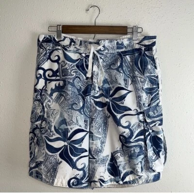 Joe Boxer Mens Cargo Swim Trunks Lined Large Hawaiian Tropical Blue & White - Image 1 of 4