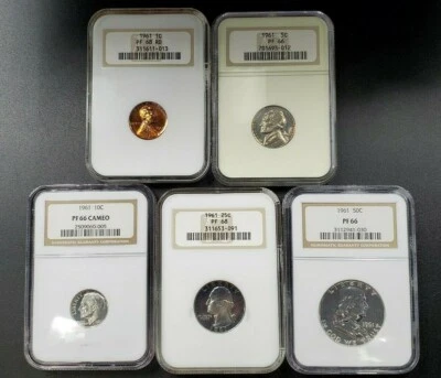 1961 P Complete 5 Coin Proof Set NGC Graded Brown Label PF 66 68 W 2 Fat Holders - Image 1 of 4