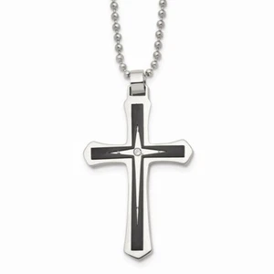 Stainless Steel Brushed and Polished Black IP CZ Cross Necklace - Picture 1 of 4