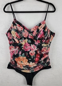 Whimsigoth Romantic Thong Contour Bodysuit XL Strappy Rusch Black Mesh Floral - Picture 1 of 13
