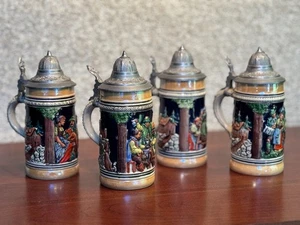 4er Set, Vintage German Gerz 7" Bierkrüge mit Zinndeckel 50er Jahre, toll - Bild 1 von 12