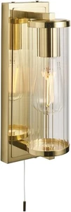 Satin Brass Bathroom Wall Light IP44 Ribbed Glass E27 Fixture Pull Switch - Picture 1 of 12
