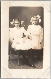 Vintage 1910s STUDIO Real Photo RPPC Postcard 2 Girls in White Dresses / Unused - Picture 1 of 2