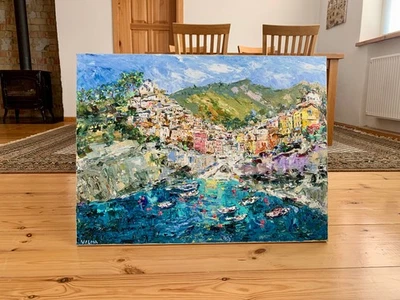 Riomaggiore Italien Küste Ölgemälde auf Leinwand Sommer Meereslandschaft Gemälde - Bild 1 von 4