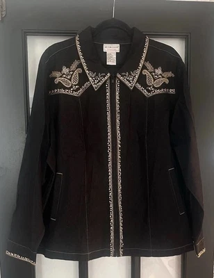 🩷Vintage Victor Costa- 2X Women's Black Denim SHACKET ZipUp Embroidered New - Image 1 of 4