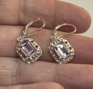 Vintage Sterling Silver & Faceted Emerald-cut Amethyst lever-back Earrings - Picture 1 of 5