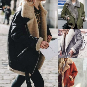Jacket Coat Fluffy Fur Biker Aviator Ladies Warm Winter Overcoat Outwear Fleece - Picture 1 of 14