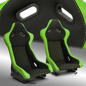 Universal Main Black+Green Side PVC Sport Bucket Racing Seats Pair Left+Right