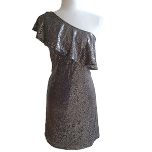Kensie Dress Silver Medium Mini Sequined One Shoulder Ruffle Party Shift New - Picture 1 of 7