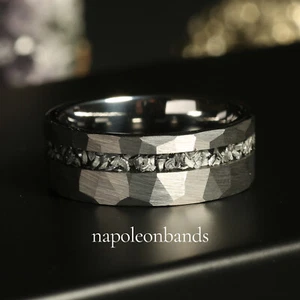 Silver Tungsten Meteorite Ring Hammered Mens Wedding Band, Unique Men Ring - Picture 1 of 10