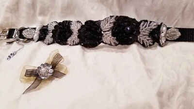 Блестящий собачий ошейник ручной работы уникальный со стразами бисер с бантом 11 дюймов серебро черные цветы - Изображение 1 из 4