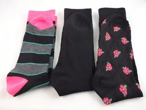 Knee Socks 3 Pairs Pink Black Stripes Flowers Solid Ladies Size 9-11 - Picture 1 of 8