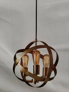  15.5×13.5 STRAP SPHERE CHANDELIER FARMHOUSE PENDANT LIGHT ANTIQUE BRASS FINISH  - Picture 1 of 4