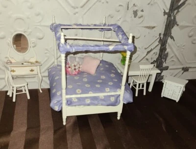 Vintage Dollhouse Canopy Bed, Vanity, Desk And Hamper With Accessories - Image 1 of 4