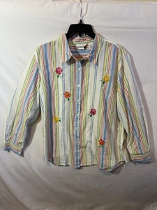 Breckenridge Button Up Shirt Womens Sz L Multi Color Striped Embroidered Flowers - Picture 1 of 5
