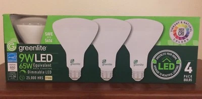 Greenlite 9W LED 65W Equivalent BR30 Floodlamp 4 Pack Bulbs New In Box - Image 1 of 4