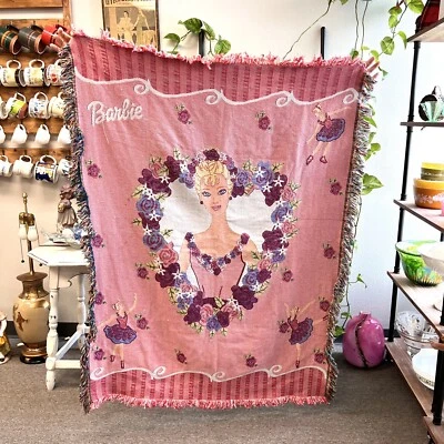Vintage Barbie Throw Blanket Made In USA Woven Tapestry Pink Ballet Northwest - Image 1 of 4