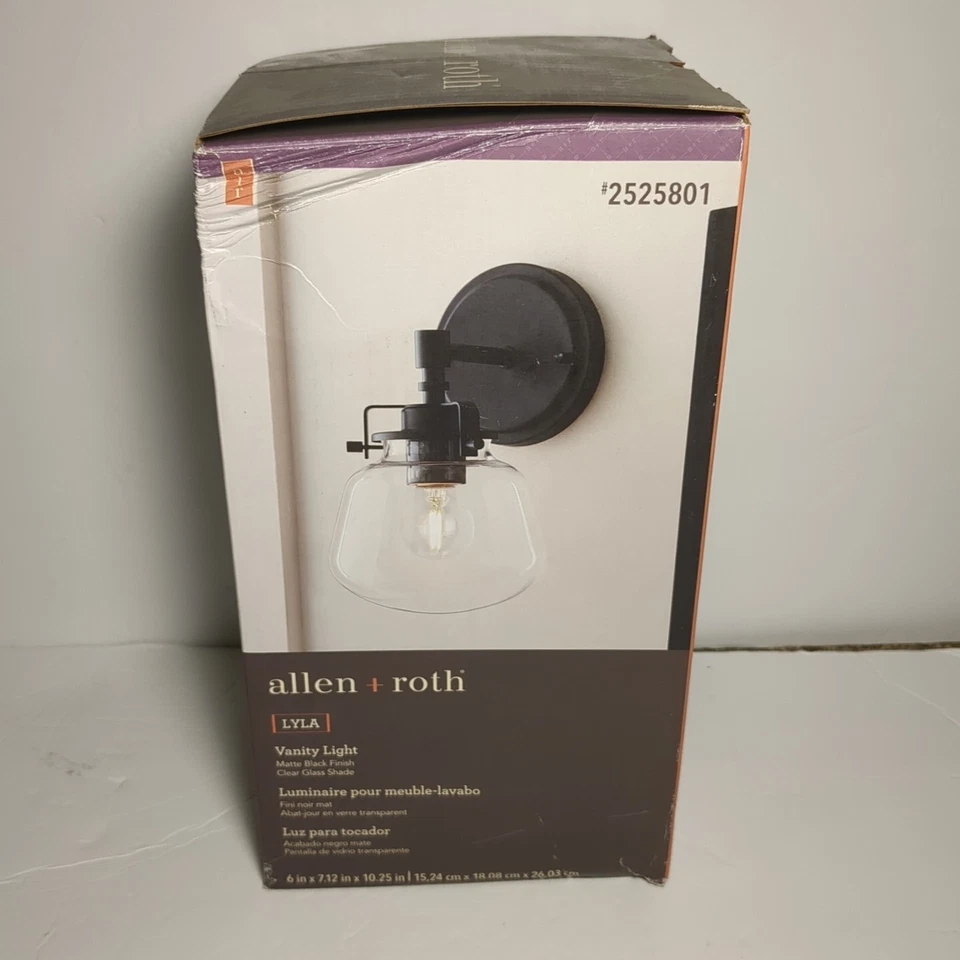 Allen Roth Single Vanity Light Clear Glass Matt Black Open box # 2525801 .