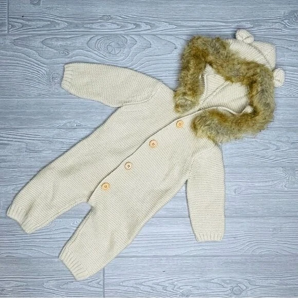 Calça longa bebê uma peça manga longa com capuz jumper e orelhas de gola de pele sintética 6-12 - Imagem 1 de 4