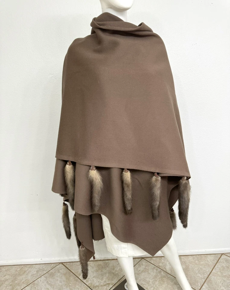 Designer Shawl Cape Poncho Camel Hair W Beaded Russian Sable Fur Trim 60” x 80” - Image 1 of 4