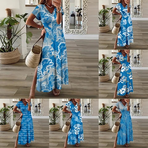 Detroit Lions Womens Side Slit Dress V-neck Casual Short Sleeve Maxi Dress Gifts Cover