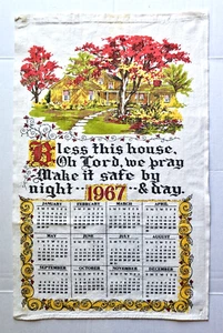 Vintage 1967 Tea Towel Calendar Linen Wall Hanging ~ BLESS THIS HOUSE Yard Trees - Picture 1 of 1