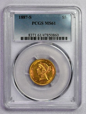 1887 S Gold $5 Liberty Head Half Eagle PCGS graded MS61   Free Shipping!!!! Cover