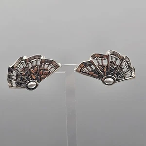 Fan Earrings Pierced Ear Silver Tone Stud Climber Leaf Motif Punched Metal - Picture 1 of 12