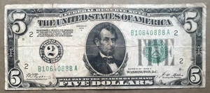 1928A $5 FRN ~ NEW YORK [] NUMERIC 2 SEAL [] FR.1951-B [] CF - SN# B 1064 0888 A - Picture 1 of 3