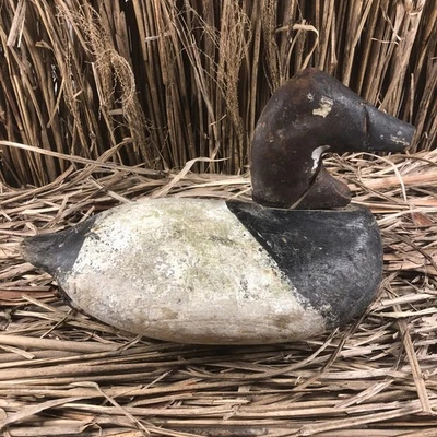 Very Old Antique Working Canvasback Wooden Decoy 12"L x 8"H "Unique Keel Weight" - Image 1 of 4