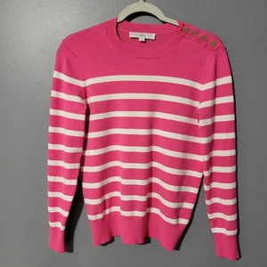 LOFT Sweater Womens Size M Pink White Striped Preppy Feminine Classic Button - Imagen 1 de 9