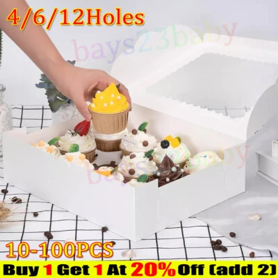 100PCS Windowed Cupcake Boxes for 4/ 6/ 12 Cup Cakes White with Removable Trays - Image 1 of 4