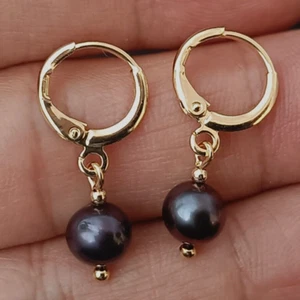 Freshwater Black Pearl Hoop Earrings Ear Daily 14K Huggies Dangle Earing - Picture 1 of 5