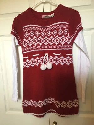 Vestido Suéter ENERGIE Jersey Tejido Niñas XL Rojo y Blanco Con Cinturón Pompón Foto 1 de 4