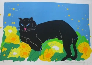 WALASSE TING Black Cat 1981 HAND SIGNED lithograph CHINESE/US ARTIST - Picture 1 of 4