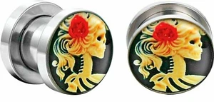 Screw Fit Skelton Lady Red Rose Skull Cameo Punk Steel Tunnel Ear plugs Earring - Picture 1 of 3