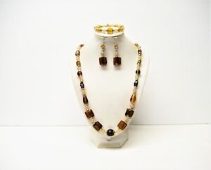 Verre doublé feuille dorée marron mixte avec collier/bracelet/boucles d'oreilles perles beige
