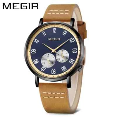 Brown Leather Strap Men's Watch Quartz Wristwatch Waterproof Analog Sport Watch - Image 1 of 4