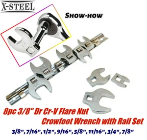 8pc 3/8" Dr Cr-V Flare Nut Crowfoot Wrench with Rail Set Imperial: 3/8"-7/8" - Picture 1 of 4