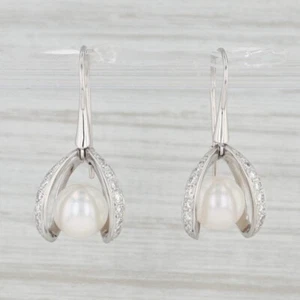 Cultured Pearl Diamond Dangle Earrings 900 Platinum Hook Posts - Picture 1 of 6