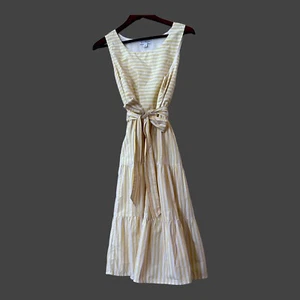 VTG Yellow White Striped Smocked RETRO Day Dress Lined Pocket Large 100% COTTON - Picture 1 of 7