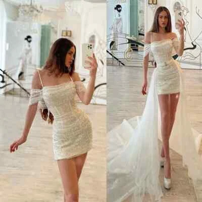 Vestidos de novia cortos con hombros descubiertos de encaje lentejuelas vestido de novia con tren desmontable Foto 1 de 4