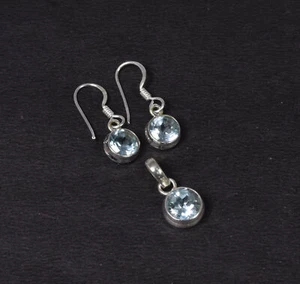 925 Solid Sterling Silver Faceted Blue Topaz Earring Pendant Set I138 - Picture 1 of 4