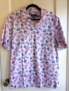 Bugatchi Short Sleeve Feather Design Stretch Shirt Pink Mens Size M - Picture 1 of 5