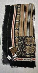 Burberry Genuine Wool mix Silk Snake Stripe Square Scarf RP 375 NEW - Picture 1 of 13