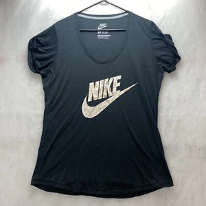 Nike T-Shirt Damen L Schwarz Kurzarm Camouflage Swoosh U-Ausschnitt Oberteil Bluse - Bild 1 von 9