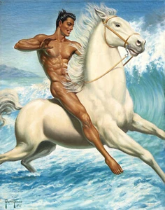 George Quaintance - Apuesto vaquero desnudo a caballo 1951 - impresión artística de 17" x 22" - Imagen 1 de 1