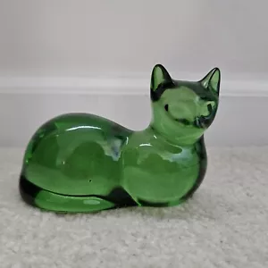 Green Glass Cat Clear Kitty Paperweight Art Glass No Markings - Picture 1 of 13