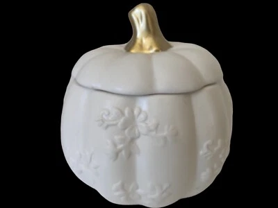 White Pumpkin with Floral Pattern Fall Decor with Gold Stem Lid - Image 1 of 4